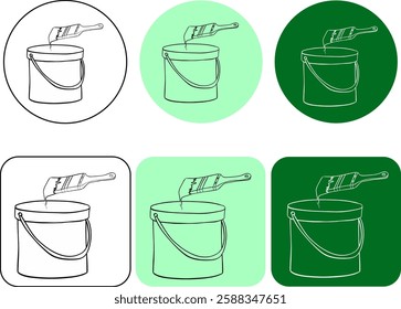 Black paint can and brush graphic line ink logo. Vector illustration liquid color bucket container with paintbrush icon.

