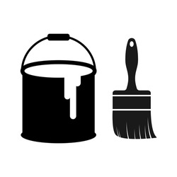 Black Paint Can And Brush Logo. Vector Illustration Liquid Color Bucket Container With Paintbrush Icon.