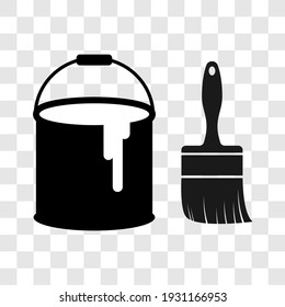 Black paint can and brush logo. Vector illustration liquid color bucket container with paintbrush icon. Transparent background. 