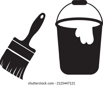 Black paint can and brush logo. Vector illustration liquid color bucket container with paintbrush icon..eps
