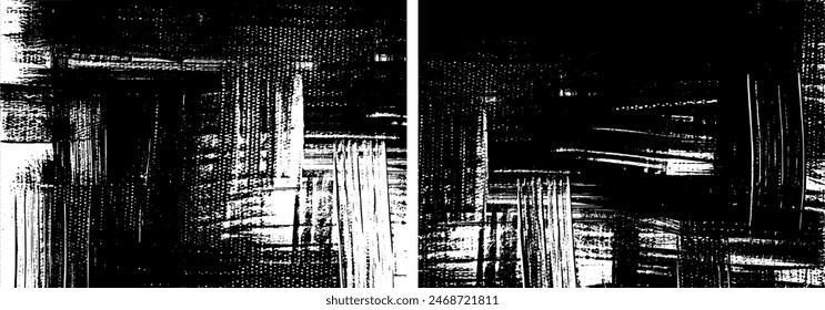 Black paint, canvas texture backgrounds, modern abstract backdrop designs set. Rough textured brush strokes painting, vector artwork