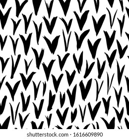 Black paint check marks vector seamless pattern. Messy ink brush symbols, freehand smears monochrome texture. Grungy tick signs decorative background. Artistic wallpaper, textile design