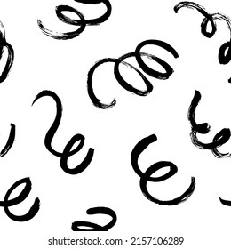 Rasgos de pincel de pincel de color negro, vectores de patrón sin fisuras. Líneas giradas a mano. Sueñas y brotes florecientes. Líneas negras de grano modernas. Textura abstracta del doodle. Garabatos a mano libre. 