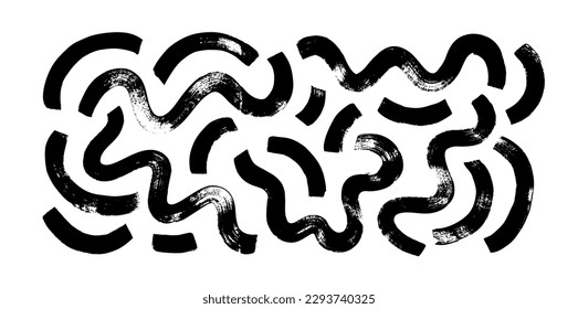 Black paint curly brush strokes with curved dashes. Chaotic squiggles with decorative texture. Vector bold brush strokes, wavy thick lines. Japanese calligraphy smears. Hand drawn curved grunge lines.