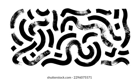 Black paint curly brush strokes with curved dashes. Chaotic squiggles with decorative texture. Vector bold brush strokes, wavy thick lines. Japanese calligraphy smears. Hand drawn curved grunge lines.