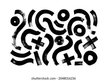 Black paint curved brush strokes, grunge crosses, dirty circles vector set. Hand drawn curved and wavy lines with grunge circles. Chaotic ink brush scribbles decorative set. Bold curvy lines.