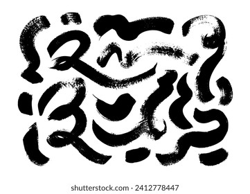 Black paint curved brush strokes vector collection. Abstract scribble, chaos doodle elements. Dirty bold curved lines and wavy brushstrokes. Hand drawn scrawl sketch. Vector illustration on white.