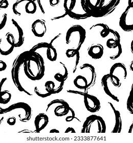 Black paint curvy line vector seamless pattern. Wavy and curly doodle lines, round shapes, dry brush stroke texture. Abstract wallpaper design, trendy textile print. Brushstrokes, smears, squiggle pat