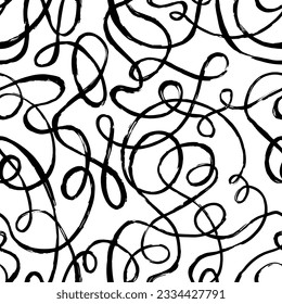 Black paint curvy line vector seamless pattern. Wavy and curly doodle line  dry brush stroke texture. Abstract wallpaper design, trendy textile print. Brushstrokes, smears, squiggle pattern