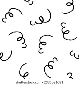 Black paint curvy line vector seamless pattern. Wavy and curly doodle lines, round shapes, dry brush stroke texture. Abstract wallpaper design, trendy textile print. Brushstrokes, smears, squiggle 