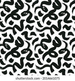 Black paint doodle lines vector seamless pattern. Wavy curly lines with dots and circles, dry brush stroke texture. Abstract monochrome wallpaper design, textile print. Wavy and swirled brush stroke
