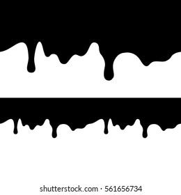 Black paint dripping isolated on white background. flat dark oil is falling from the top of the image and bottom. seamless texture vector. Blot.