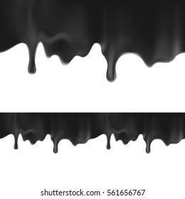 Black paint dripping isolated on white background. realistic dark oil is falling from the top of the image and bottom. seamless texture vector. Blot. 3d illustration created with gradient mesh.