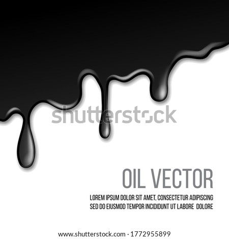 Black paint dripping isolated on white background. realistic dark oil is falling from the top of the image and bottom. Blot. Vector illustration with copyspace for your words