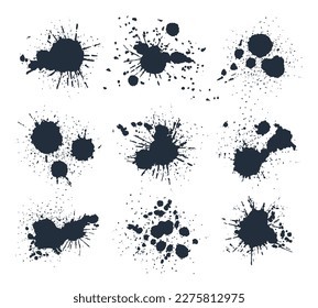 Gotas negras de pintura. salpicaduras y manchas de tinta, manchas de tinta abstractas. Grabando grunge de tinta cae silhouettes colección de ilustraciones vectoriales planas