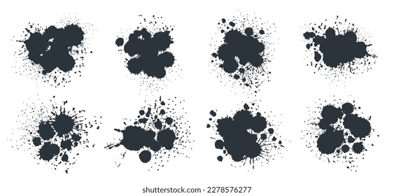 Black paint drops vector set. Abstract ink splashes and spots, grunge ink splatters. Ink messy drops silhouettes flat vector illustration bundle