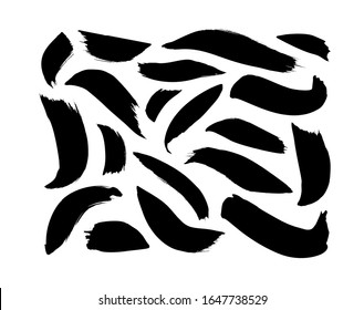 Black paint dry brush strokes vector illustrations set. Abstract monochrome acrylic smudges, wavy shapes isolated on white background. Black ink textured dashes and hand drawn daubs collection