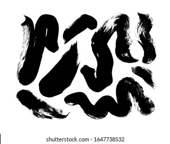 Black paint dry brush strokes vector illustrations set. Abstract monochrome acrylic bold smudges, wavy shapes isolated on white background. Black ink textured strokes and hand drawn daubs collection