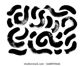 Black Paint Dry Brush Strokes Vector Illustrations Set. Abstract Monochrome Acrylic Swirl Smudges, Wavy Lines Isolated On White Background. Black Ink Textured Lines And Hand Drawn Daubs Collection