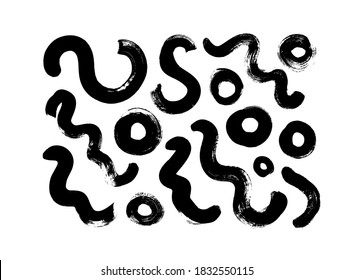 Black paint dry brush strokes vector illustrations set. Abstract monochrome acrylic swirl smudges, wavy lines isolated on white background. Black ink textured lines and hand drawn daubs collection