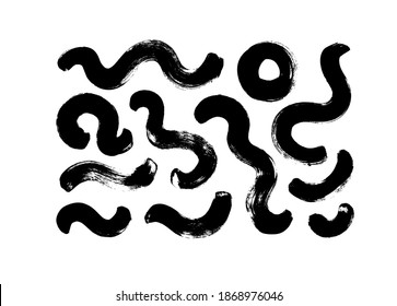 Black paint dry brush strokes vector illustrations set. Abstract monochrome acrylic swirl smudges, wavy lines and circles isolated on white background. Black ink textured lines and hand drawn daubs