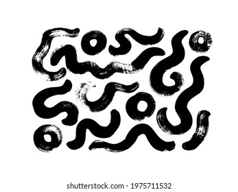 Black paint dry brush strokes vector illustrations set. Abstract monochrome acrylic swirl smudges, wavy lines and circles isolated on white background. Black ink textured lines and hand drawn daubs