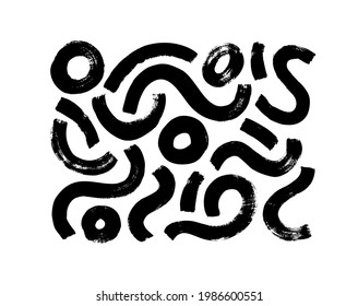 Black paint dry brush strokes vector illustrations set. Abstract monochrome acrylic swirl smudges, wavy lines and circles isolated on white background. Black ink textured lines and hand drawn daubs 