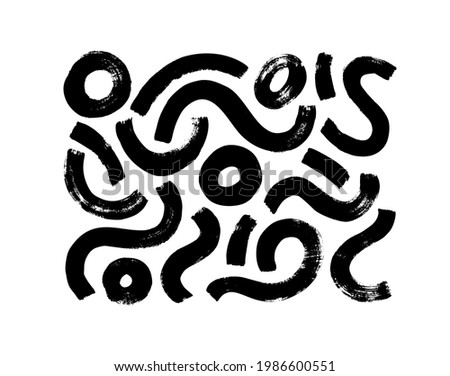 Black paint dry brush strokes vector illustrations set. Abstract monochrome acrylic swirl smudges, wavy lines and circles isolated on white background. Black ink textured lines and hand drawn daubs 