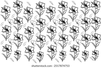  black paint fllower vector set. Ink drawing flowers  style, childish or primitive drawing. Black and white vector