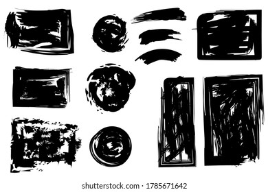 Formas negras de pintura. Las líneas de entrada gruñen las formas. Ataques abstractos de pincel. Imagen vectorial.