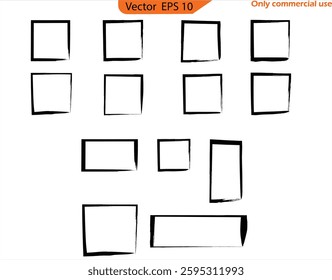 Black  paint frames. Borders in shape of rectangle, square isolated on transparent background. Original