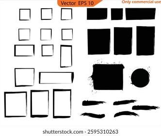 Black  paint frames and drips. Borders in shape of rectangle, square isolated on transparent background. Vector grunge set of blobs and ink splashes with splatters. Original