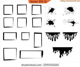 Black  paint frames and drips. Borders in shape of rectangle, square isolated on transparent background. Vector grunge set of blobs and ink splashes with splatters. Original