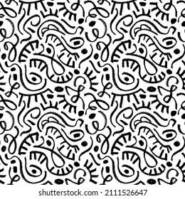 Black paint freehand scribbles, abstract ink background. Seamless pattern with hand drawn grunge curly lines. Doodled squiggly lines with dots. Chaotic ink brush scribbles decorative texture.