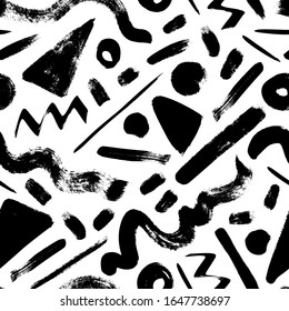 Black paint freehand scribbles vector seamless pattern. Wavy lines, stripes, triangles, dot, circles and spots. Dry brush stroke abstract texture. Monochrome wallpaper design, trendy textile print. 