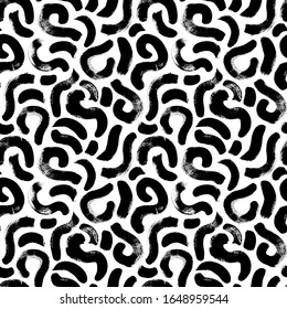 Black paint freehand scribbles vector seamless pattern. Wavy lines and round shapes, dry brush stroke texture. Abstract monochrome wallpaper design, trendy textile print. Wavy and swirled brush stroke