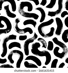 Black paint freehand scribbles vector seamless pattern. Wavy lines and round shapes, dry brush stroke texture. Abstract monochrome wallpaper design, trendy textile print. Wavy and swirled brush stroke