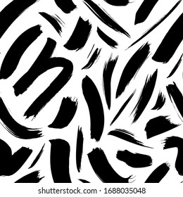 Black paint freehand scribbles vector seamless pattern. Wavy lines and round shapes, dry brush stroke texture. Abstract monochrome wallpaper design, trendy textile print. Wavy and swirled brush stroke