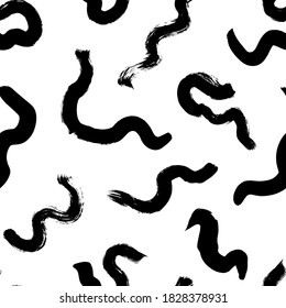 Black paint freehand scribbles vector seamless pattern. Wavy lines and round shapes, dry brush stroke texture. Abstract monochrome wallpaper design, trendy textile print. Wavy and swirled brush stroke