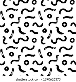 Dibujo negro garabateado libre vectorial sin fisuras. Líneas y círculos ondulados, textura de pincel seco. Resumen de diseño de papel pintado monocromo, impresión textil de moda. Icono de pincel ondulado y giratorio