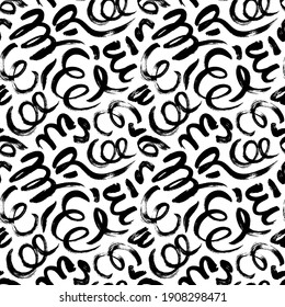 Black paint freehand scribbles vector seamless pattern. Wavy lines and round shapes, dry brush stroke texture. Abstract monochrome wallpaper design, trendy textile print. Wavy and swirled brush stroke