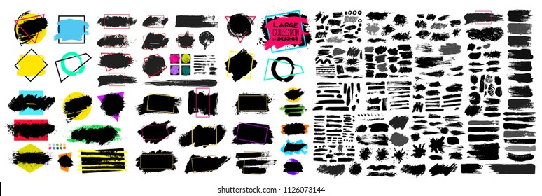 Black paint, ink brush stroke, brush, line or texture. Dirty artistic design element, box, frame or background for text. Blank shapes for your design. Vector illustration. Isolated on white background