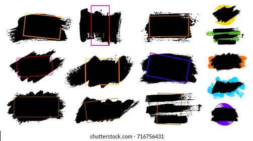 Black paint, ink brush stroke, brush, line or texture. Dirty artistic design element, box, frame or background for text. Blank shapes for your design. Vector illustration. Isolated on white background