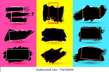 Black paint, ink brush stroke, brush, line or texture. Dirty artistic design element, box, frame or background for text. Blank shapes for your design. Vector. Isolated on colored background