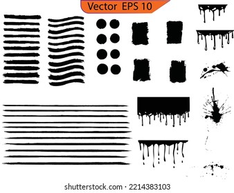Black paint, ink brush strokes, brushes, lines set. Ink brush strokes bundle. Brush strokes text boxes. Vector paintbrush set. Grunge design elements. Dripping design element. Drip. Original textures