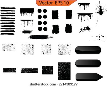 Pintura negra, pinceladas de pincel de tinta, pinceles, juego de líneas. Pareja de pincel de tinta. Cajas de texto con trazos de pincel. Conjunto de pincel de vectores. Elementos de diseño gruesos. Elemento de diseño de goteo. Drip. Texturas originales