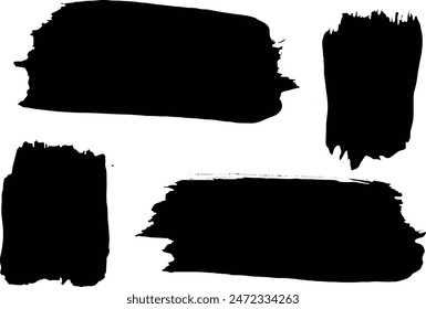 Pintura negra, trazos de pincel de tinta. Pincel de tinta traza el Paquete sobre fondo transparente. Trazos de pincel en cuadros de texto. Juego de pinceles. Manchas de tinta negra sobre fondo transparente. Ilustración de tinta.