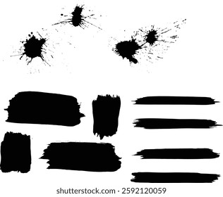 Black paint, ink brush strokes. Ink brush strokes bundle on transparent background. Brush strokes text boxes and splash elements. Vector illustration. Eps 10