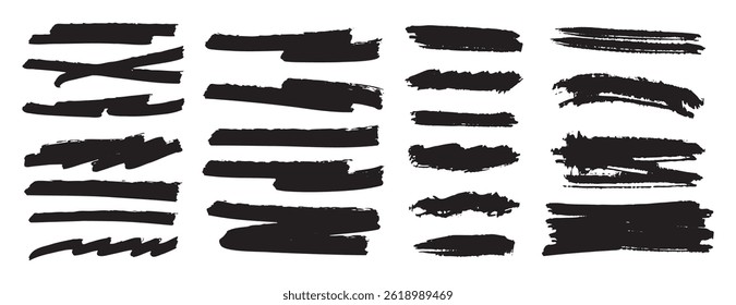 black paint ink brush strokes lines set. Underline dirty grunge bold design elements. Vector illustration