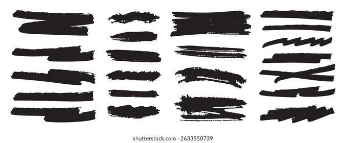 black paint ink brush strokes lines set. Underline dirty grunge bold design elements. Vector illustration